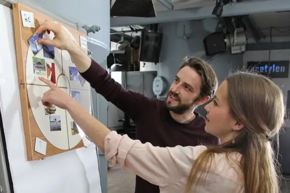 deux personnes affichent des images sur un tableau dans une séance de coaching