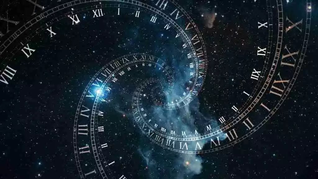 une photo d'un ciel de nuit sur lequel s'enroulent en escargot les lignes symboliques des heures d'une horloge 