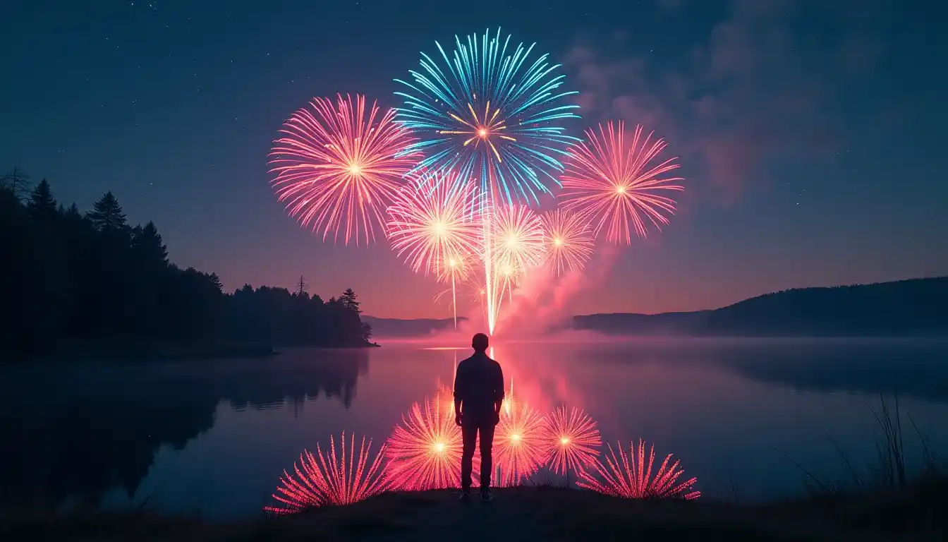un homme songeur regarde un feu d'artifice