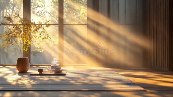 Rayon de lumière traversant une fenêtre et donnant sur un tapis naturel au sol,  plante avec un feuillage d'or  -  une tasse et une théière, lumière d'hiver, symbole d'espoir et de renouveau après la Saint-Valentin