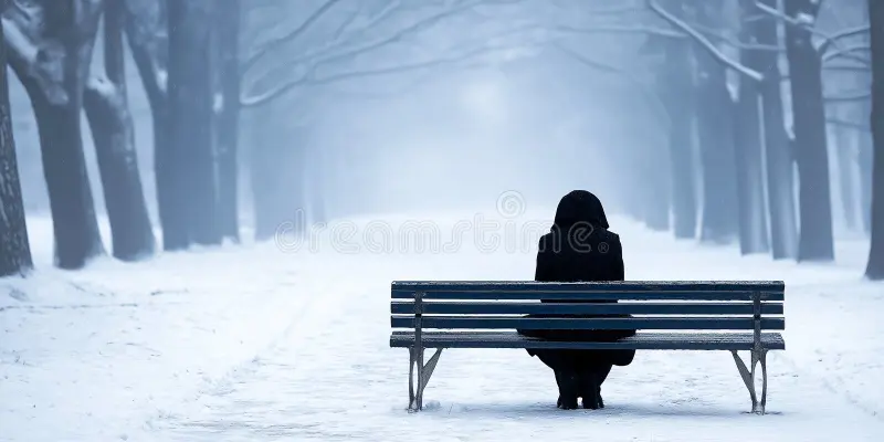 Personne seule assise sur un banc dans un parc d'hiver, lisant un livre, vue de dos - illustration du rendez-vous avec soi-même, résolution PNL pour la Saint-Valentin