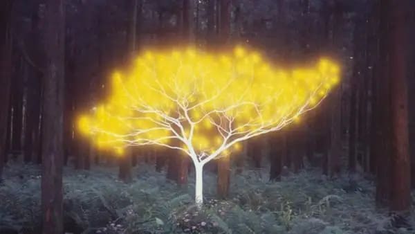 Un arbre illuminé par des lucioles dans la nuit, symbolisant l'inconscient