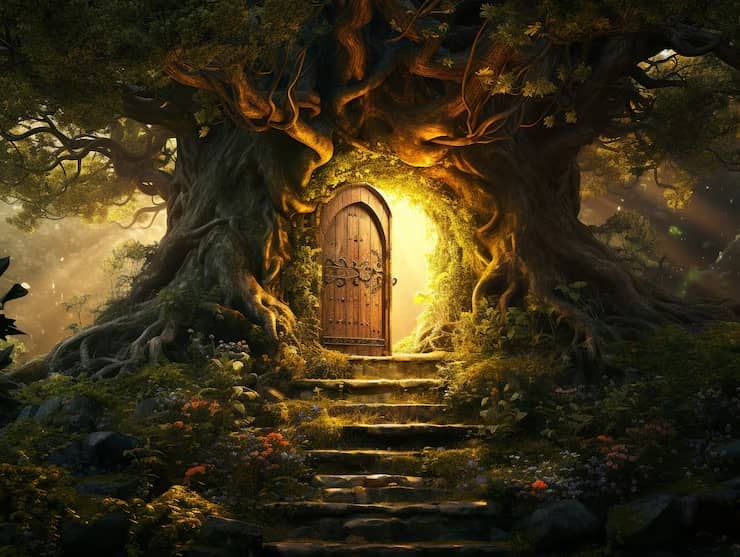 Une porte s'entrouvre dans un arbre, montrant un chemin de lumière.